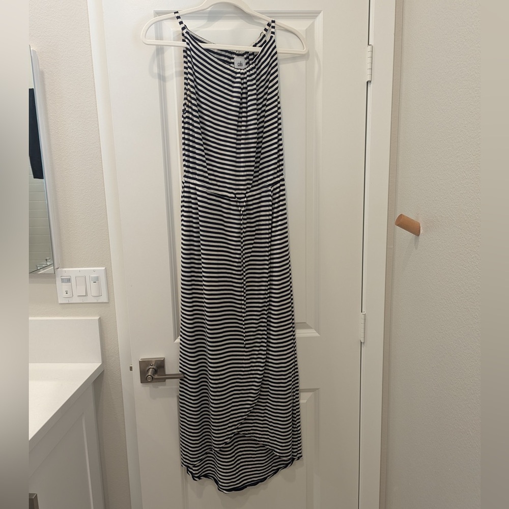 Cabi Boat Stripe Maxi Dress #5105 Navy Blue & White Faux Wrap Size Small